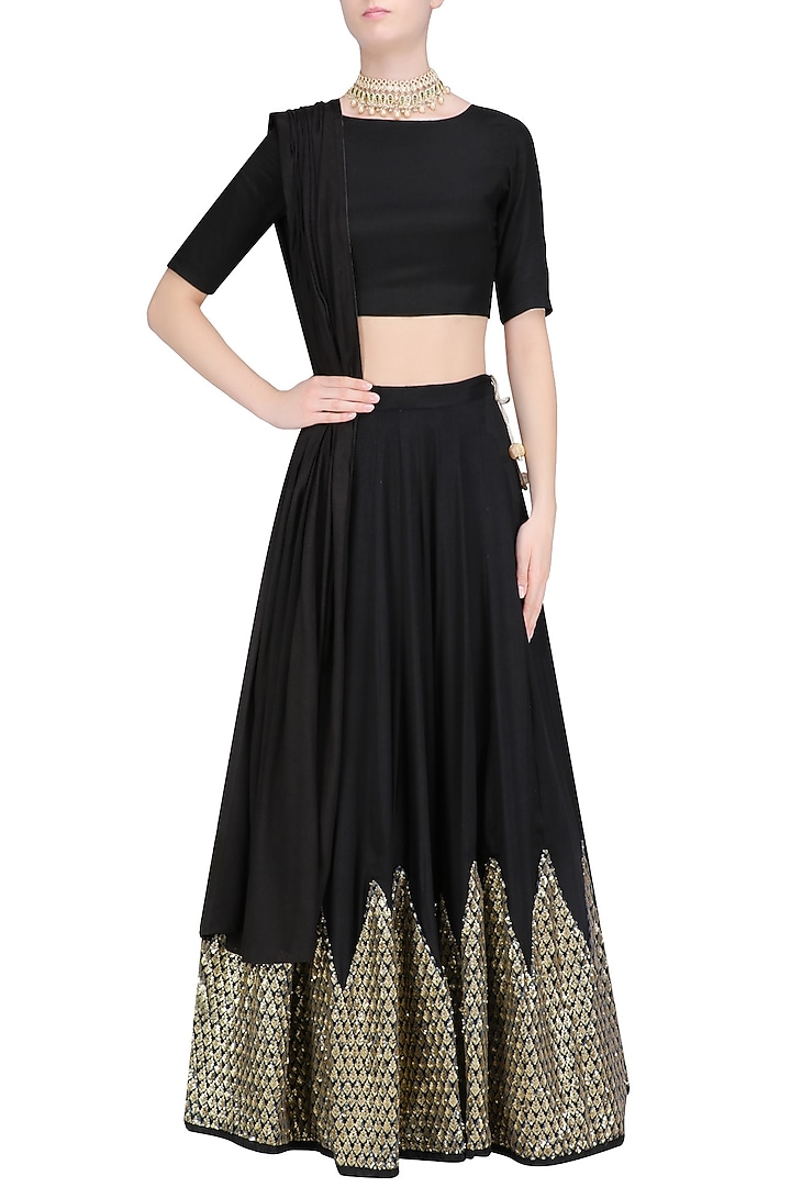 Black chevron sequins embroidered lehenga set available only at Pernia's Pop Up Shop.