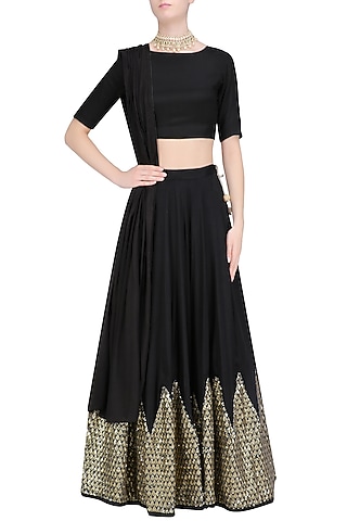 Black Chevron Sequins Embroidered Lehenga Set by Prathyusha Garimella