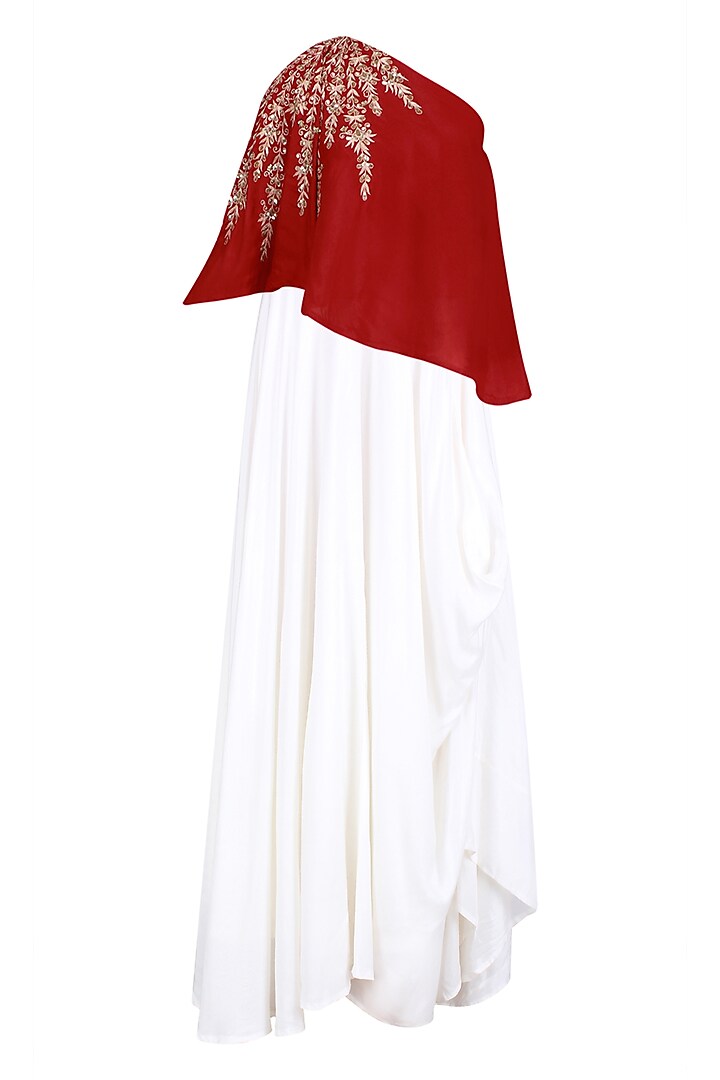 Red Embroidered One Shoulder Top with White Cowl Skirt by Prathyusha Garimella