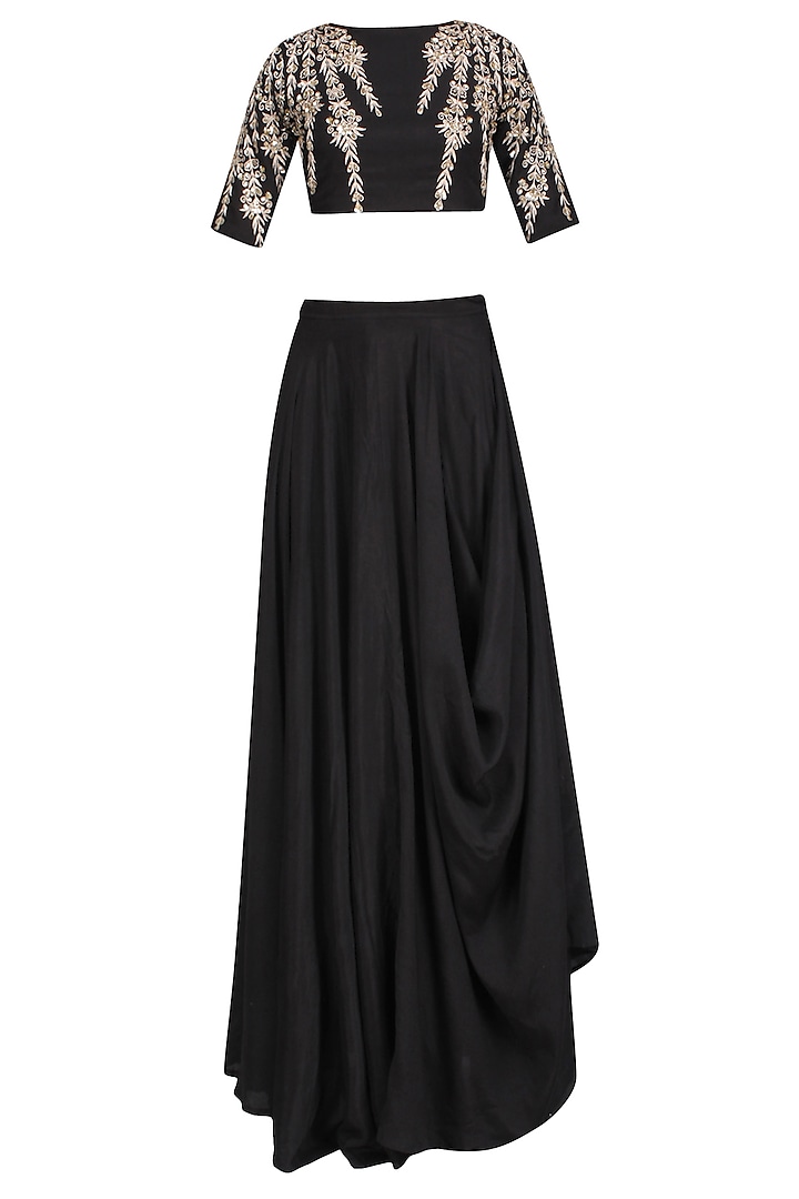 Black embroidered crop top and cowl skirt set available only at Pernia ...
