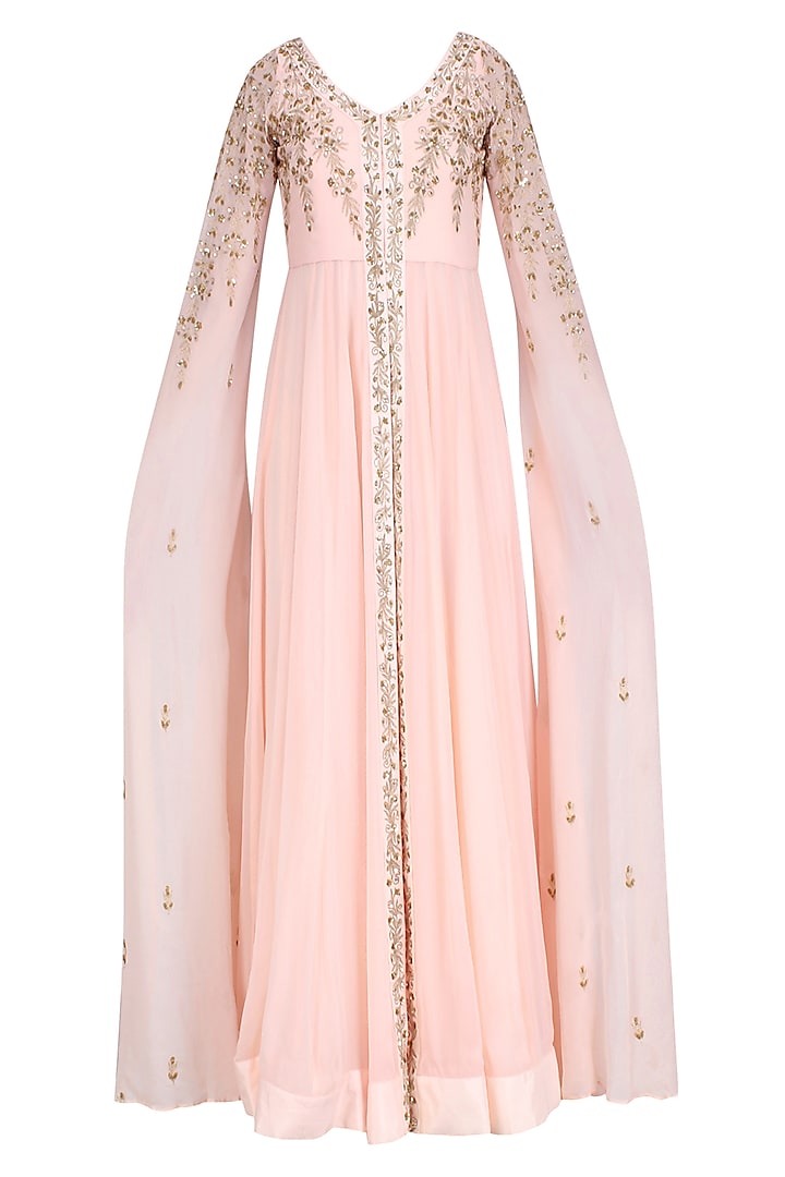 Pink Embroidered Cape Sleeves Jacket with Inner Gown by Prathyusha Garimella