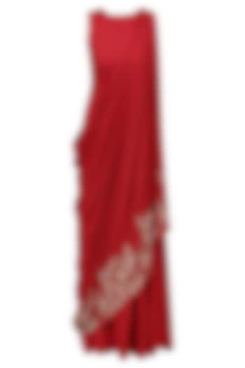Red and Gold Leaf Embroidered Drape Dress by Prathyusha Garimella