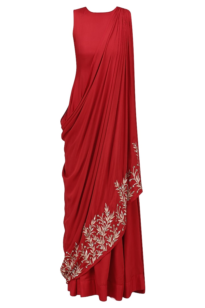 Red and Gold Leaf Embroidered Drape Dress by Prathyusha Garimella