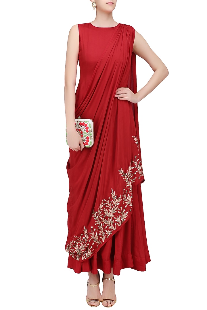Red and gold leaf embroidered drape dress available only at Pernia's Pop Up Shop.