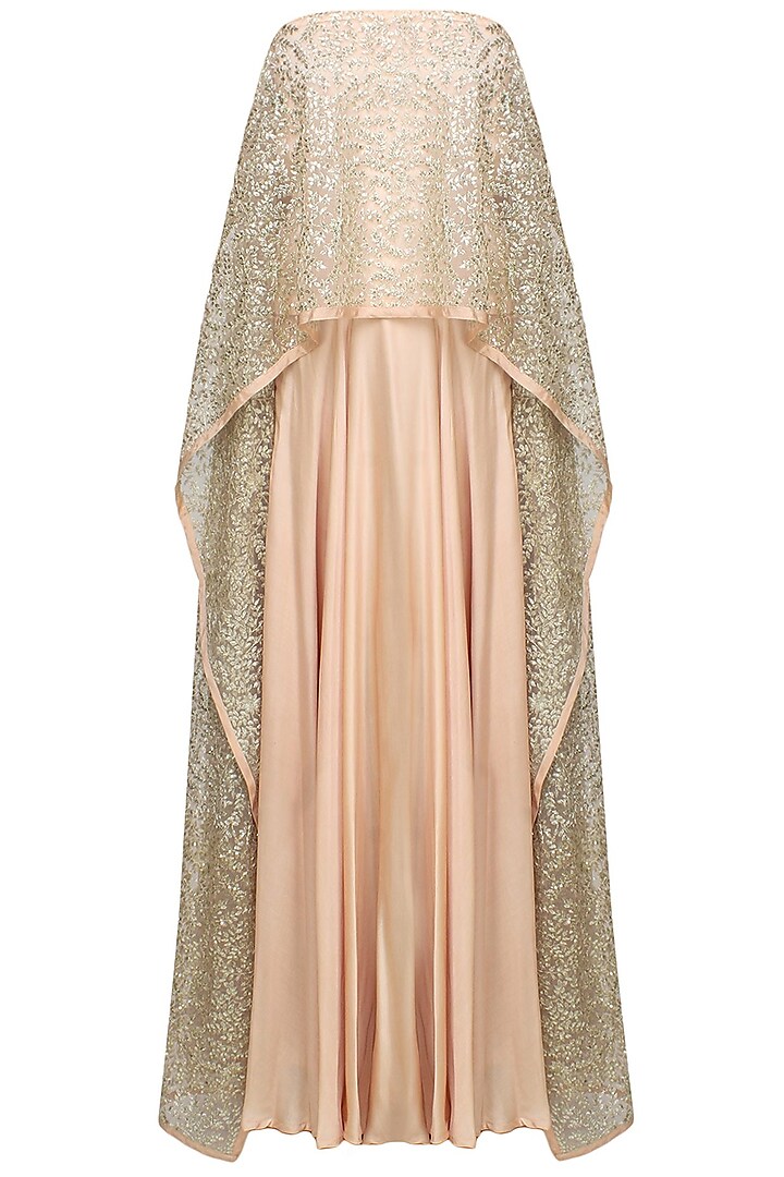 Pale Pink And Gold Beads Embroidered Tube Cape Gown by Prathyusha Garimella