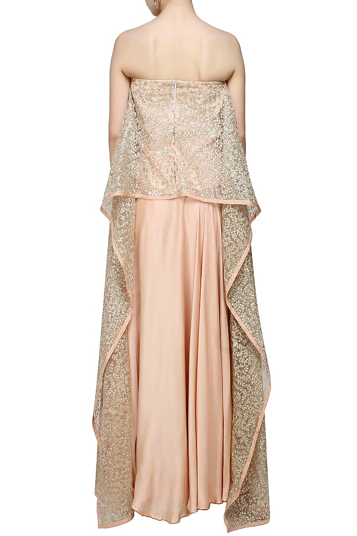Pale pink and gold beads embroidered tube cape gown available only at Pernia's Pop Up Shop.