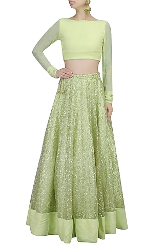 Mint Green And Gold Leaves Pattern Sequins And Zari Embroidered Lehenga Set by Prathyusha Garimella