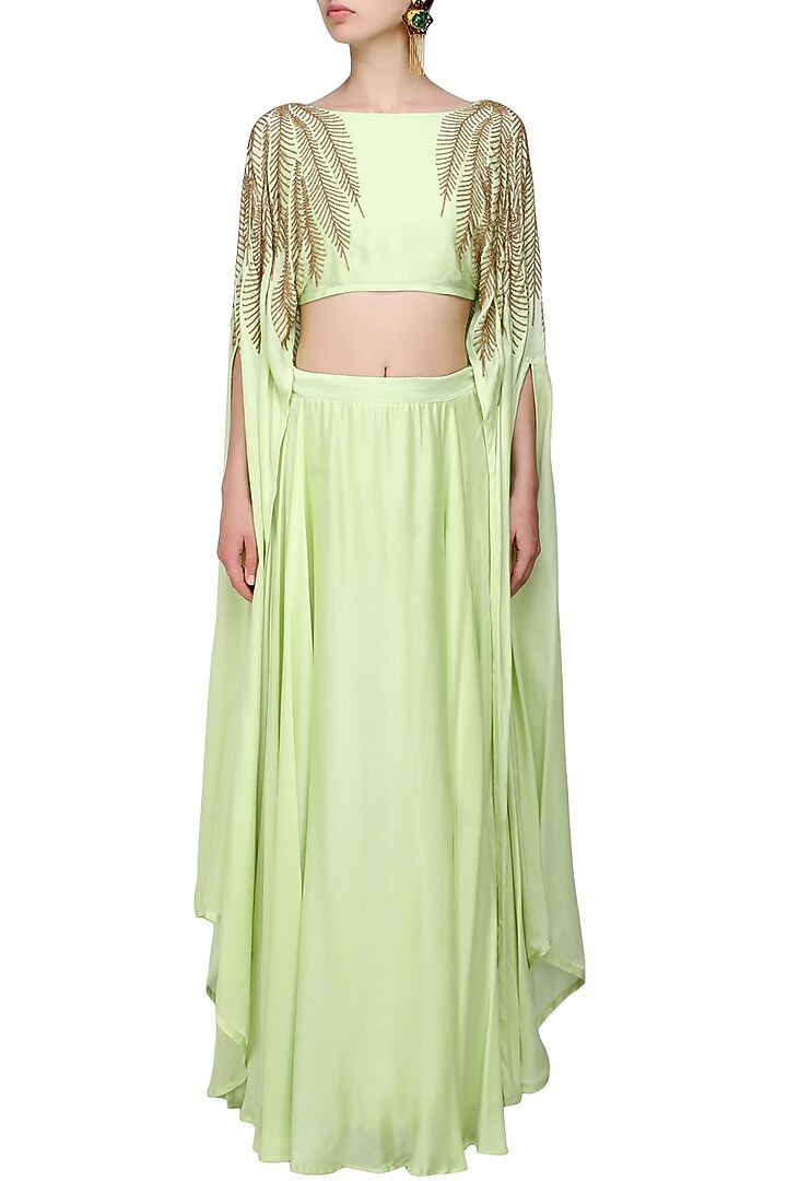 Mint green and gold leaves beads embroidered cape and lehenga set available only at Pernia's Pop Up Shop.