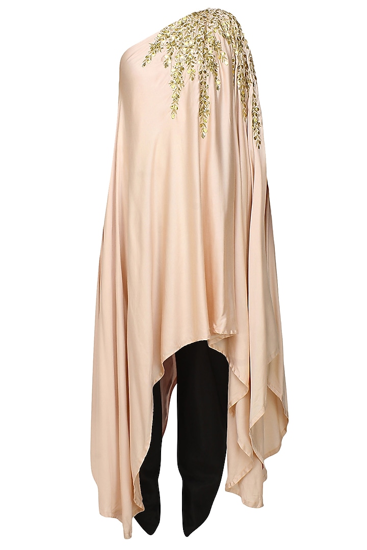 Pale Pink And Gold Leaves Gota Patti Work One Shoulder Dress And Black Dhoti Pants Set by Prathyusha Garimella