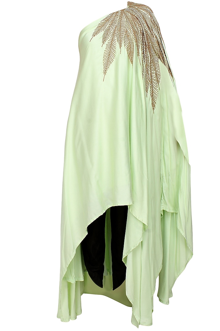 Mint Green And Gold Leaves Beads Embroidered One Shoulder Dress And Black Dhoti Pants Set by Prathyusha Garimella