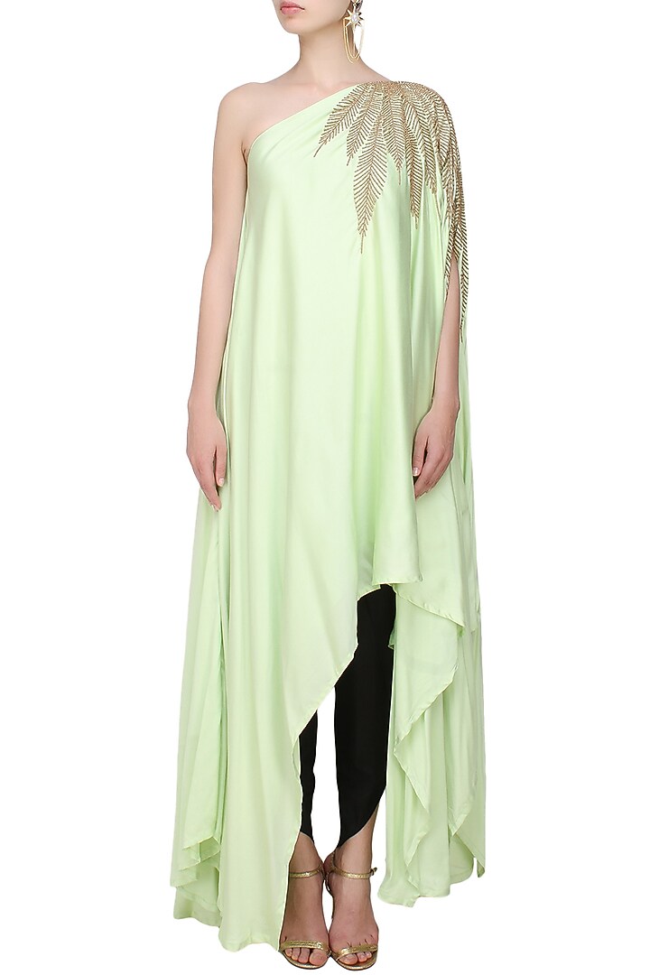 Mint green and gold leaves beads embroidered one shoulder dress and black dhoti pants set available only at Pernia's Pop Up Shop.