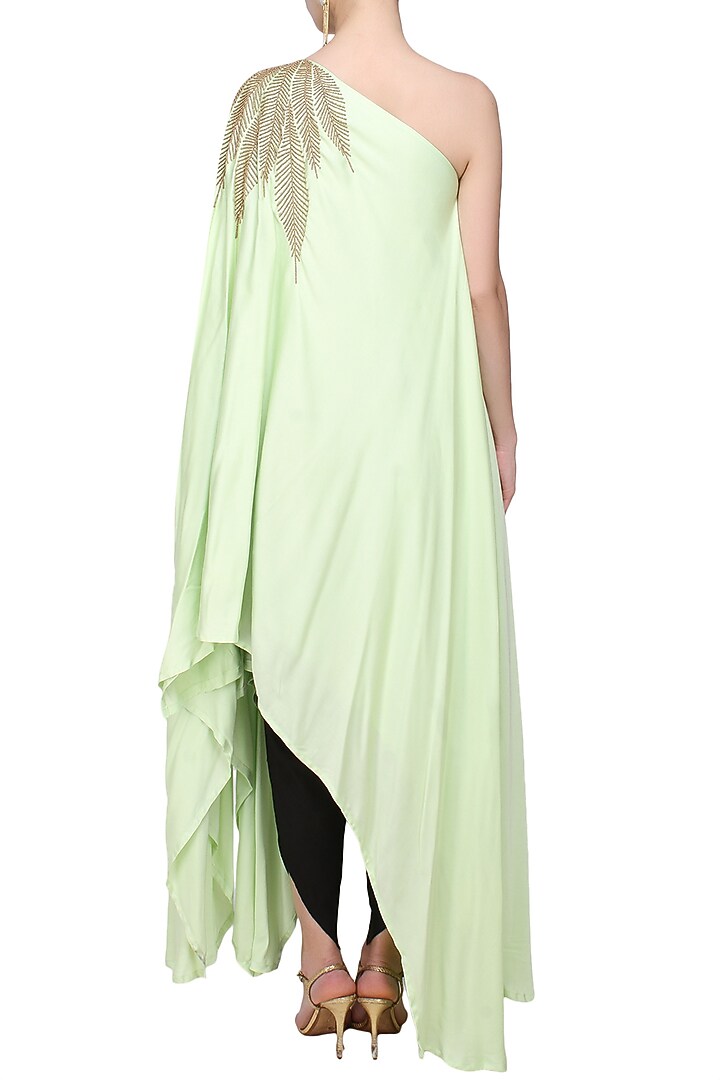 Mint green and gold leaves beads embroidered one shoulder dress and black dhoti pants set available only at Pernia's Pop Up Shop.