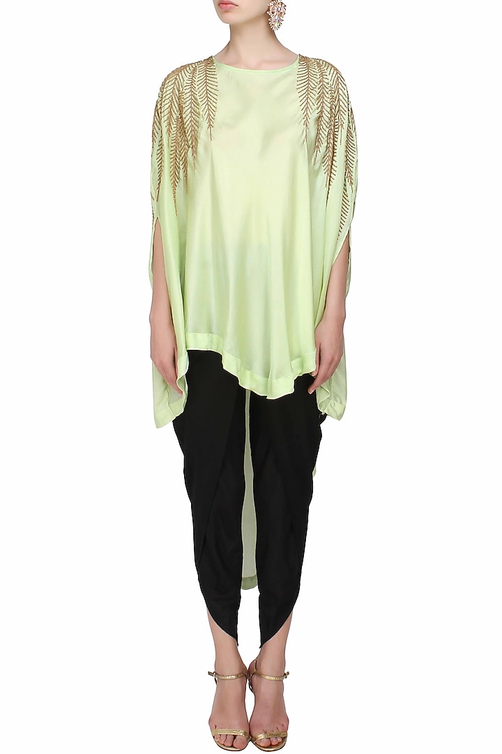 Mint green beads embroidered high low cape and black dhoti pants set available only at Pernia's Pop Up Shop.