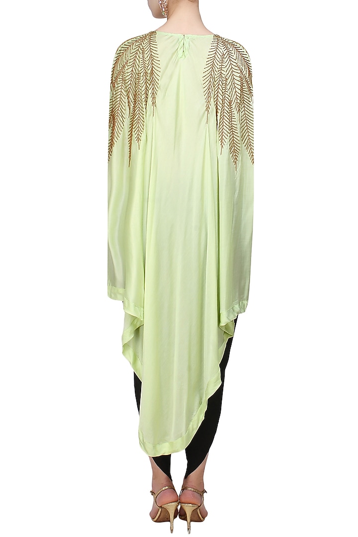 Mint green beads embroidered high low cape and black dhoti pants set available only at Pernia's Pop Up Shop.