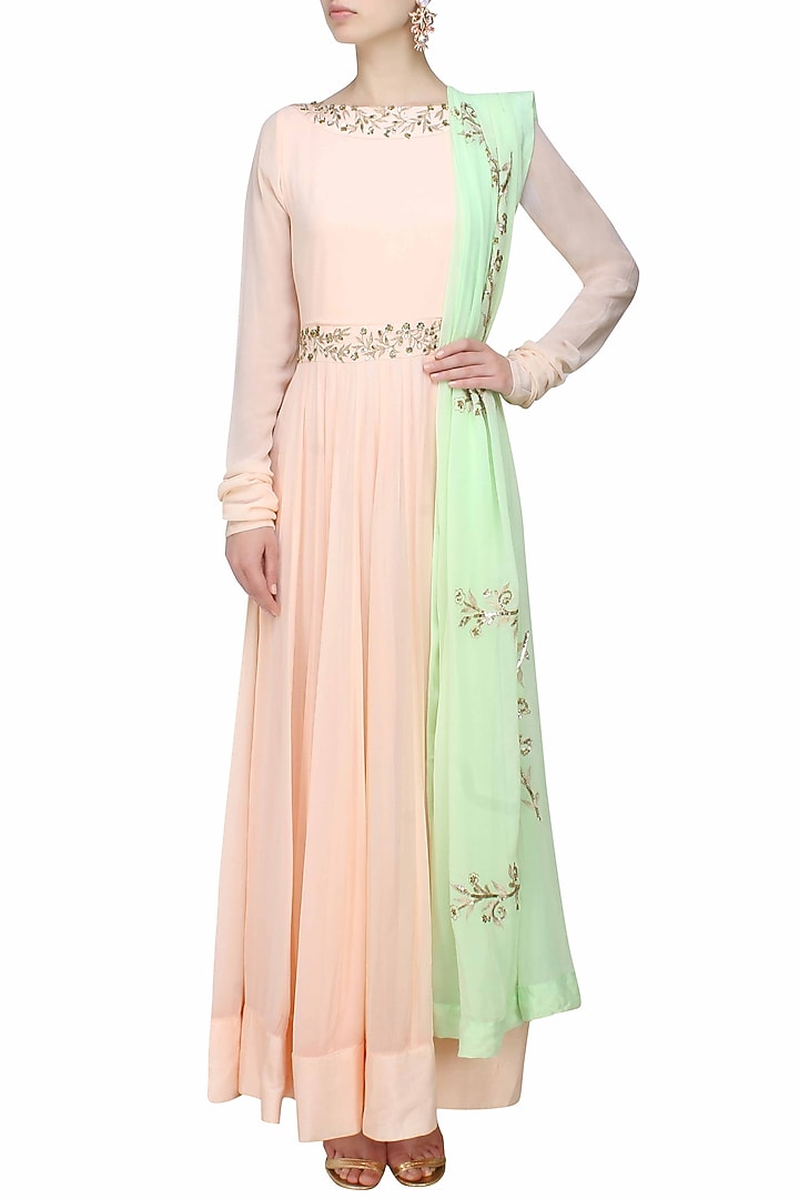 Blush pink and gold leaves pattern zari and sequins embroidered anarkali set available only at Pernia's Pop Up Shop.
