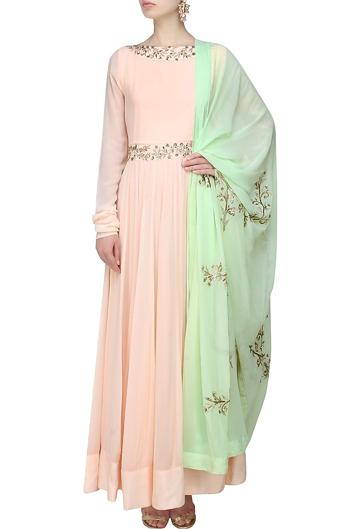 Blush pink and gold leaves pattern zari and sequins embroidered anarkali set available only at Pernia's Pop Up Shop.