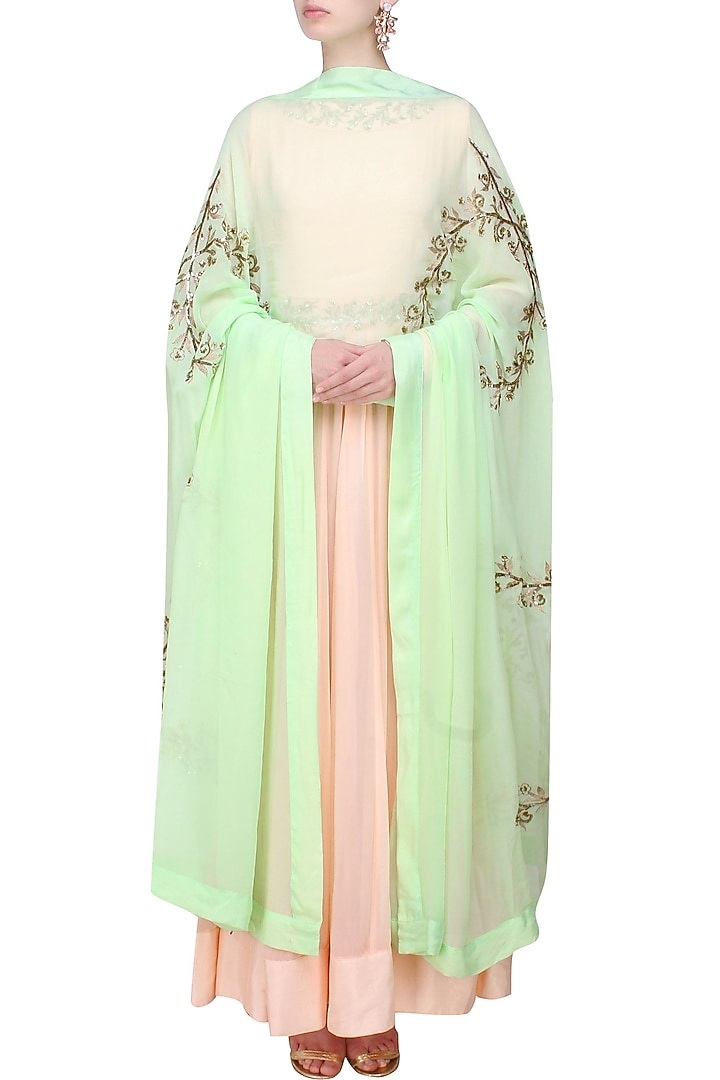 Blush pink and gold leaves pattern zari and sequins embroidered anarkali set available only at Pernia's Pop Up Shop.