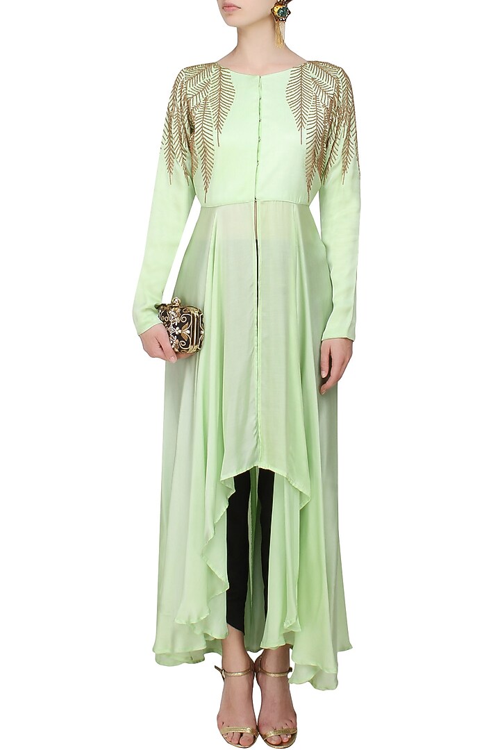 Mint green and gold leaves beads embroidered hgih low mid slit cape available only at Pernia's Pop Up Shop.