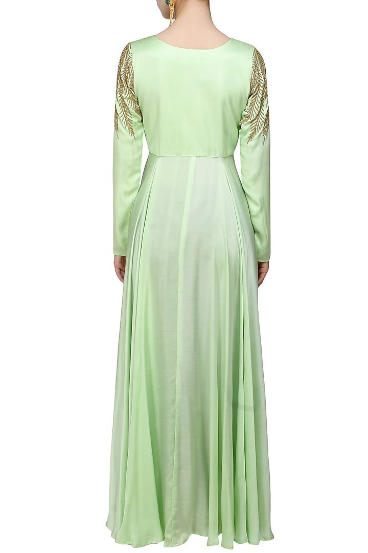 Mint green and gold leaves beads embroidered hgih low mid slit cape available only at Pernia's Pop Up Shop.