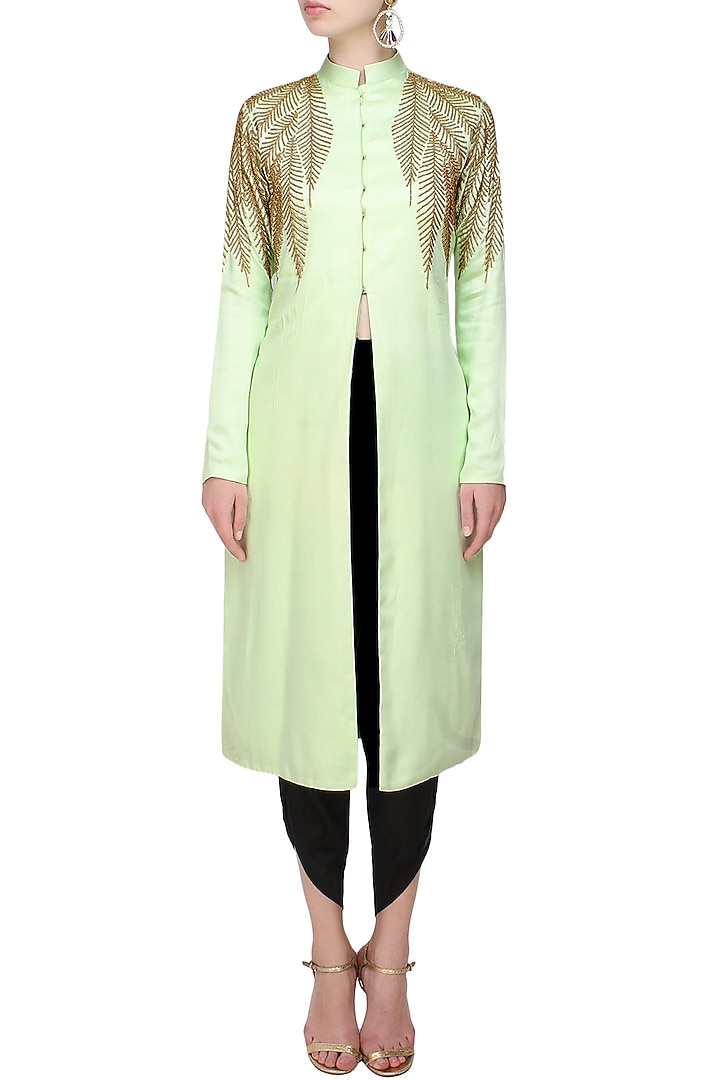 Mint green and gold leaves beads embroidered sherwani and black dhoti pants set available only at Pernia's Pop Up Shop.