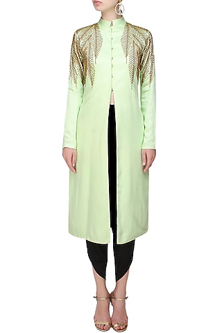 Mint Green And Gold Leaves Beads Embroidered Sherwani And Black Dhoti Pants Set by Prathyusha Garimella