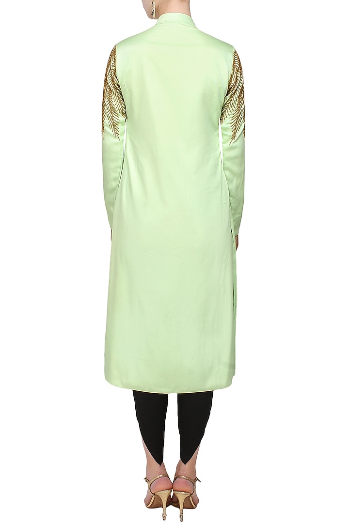 Mint green and gold leaves beads embroidered sherwani and black dhoti pants set available only at Pernia's Pop Up Shop.