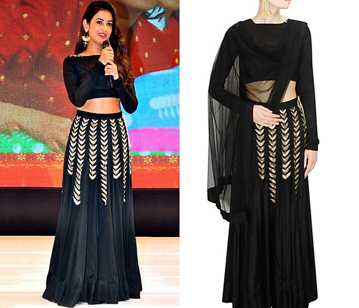 Black ferns embellished crop top and lehenga skirt available only at Pernia's Pop Up Shop.