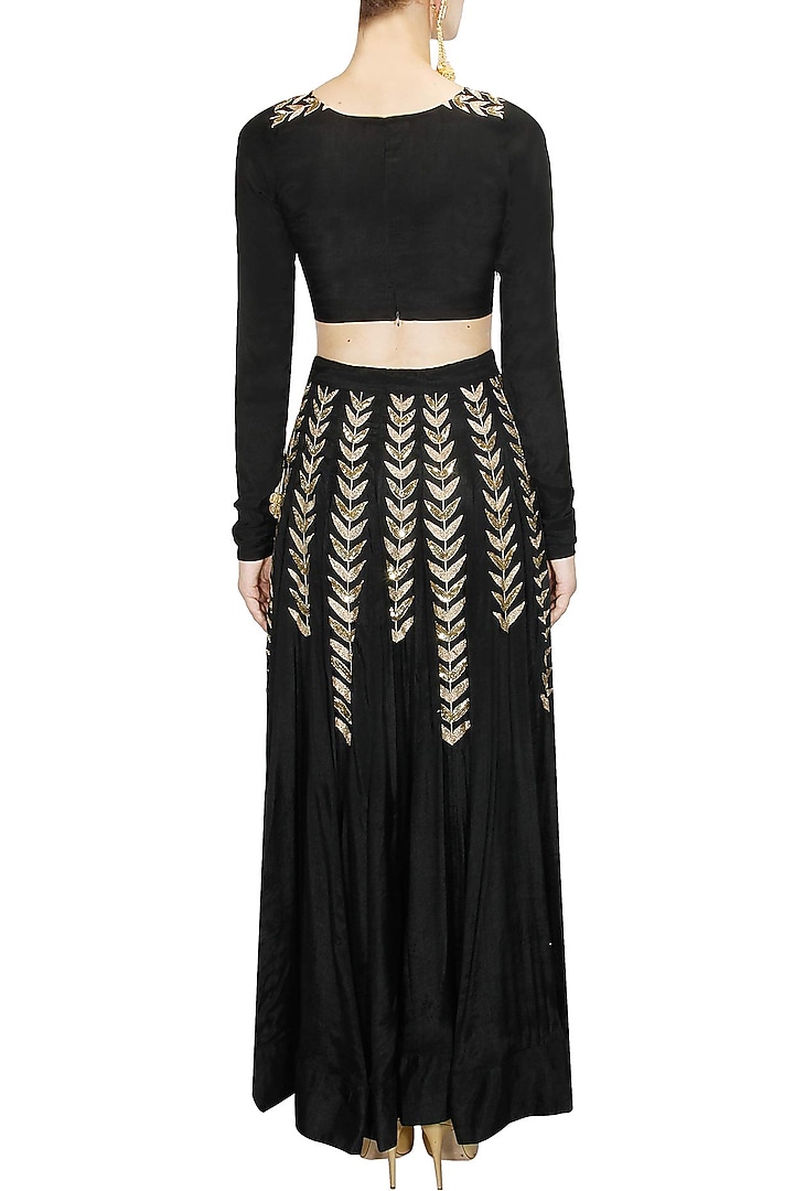 Black ferns embellished crop top and lehenga skirt available only at Pernia's Pop Up Shop.