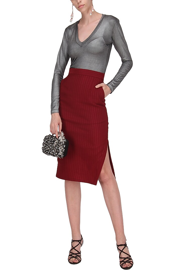 Red side slit knee length pencil skirt available only at Pernia's Pop Up Shop.