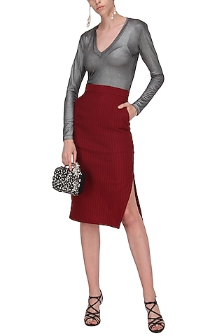 Red Side Slit Knee Length Pencil Skirt by Priyanka Gangwal