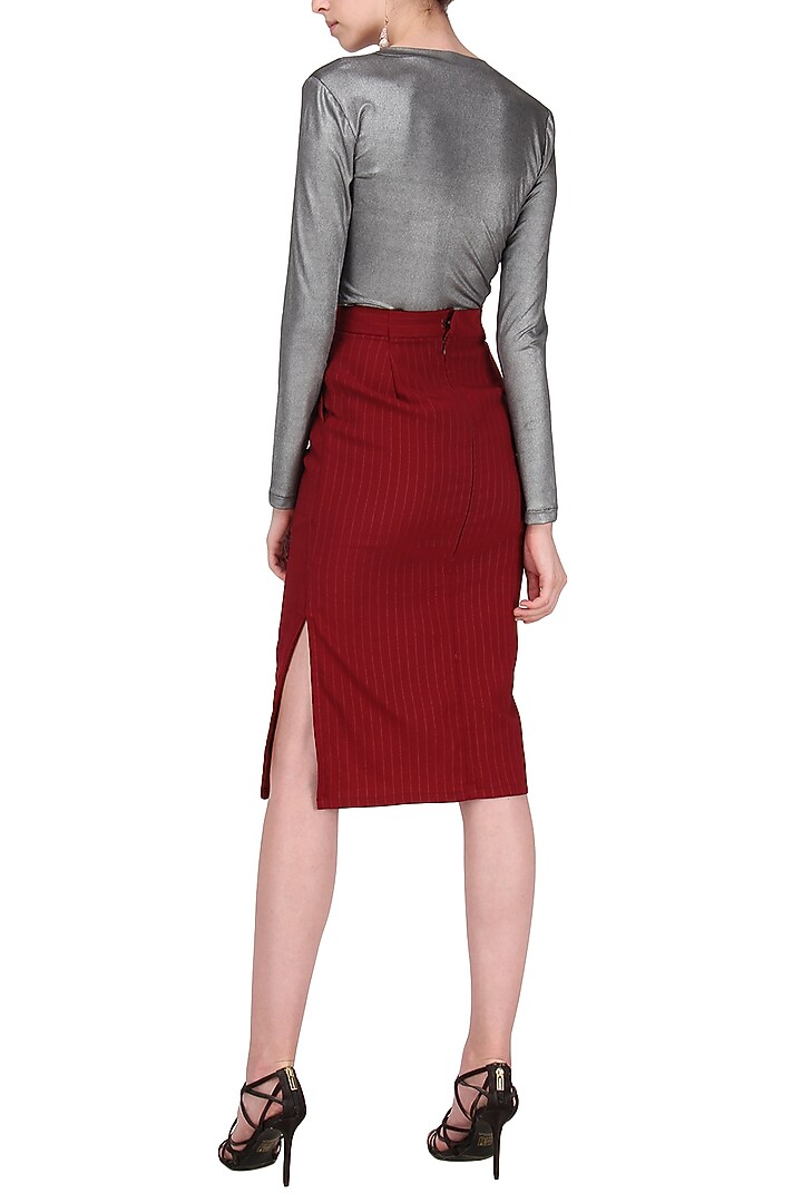 Red side slit knee length pencil skirt available only at Pernia's Pop Up Shop.