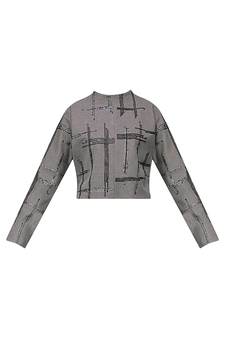 Grey Geometric Embroidered Sweater Top by Priyanka Gangwal