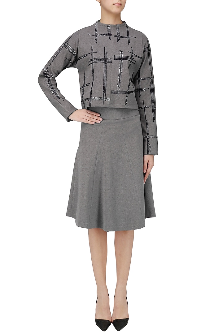 Grey geometric embroidered sweater top available only at Pernia's Pop Up Shop.