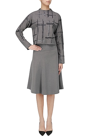 Grey Geometric Embroidered Sweater Top by Priyanka Gangwal