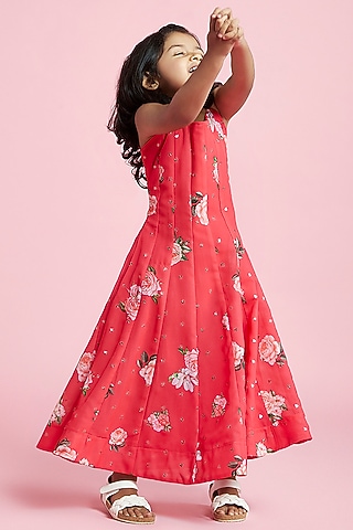 Red Georgette Floral Printed & Embroidered Dress For Girls by Phatakaa Mini
