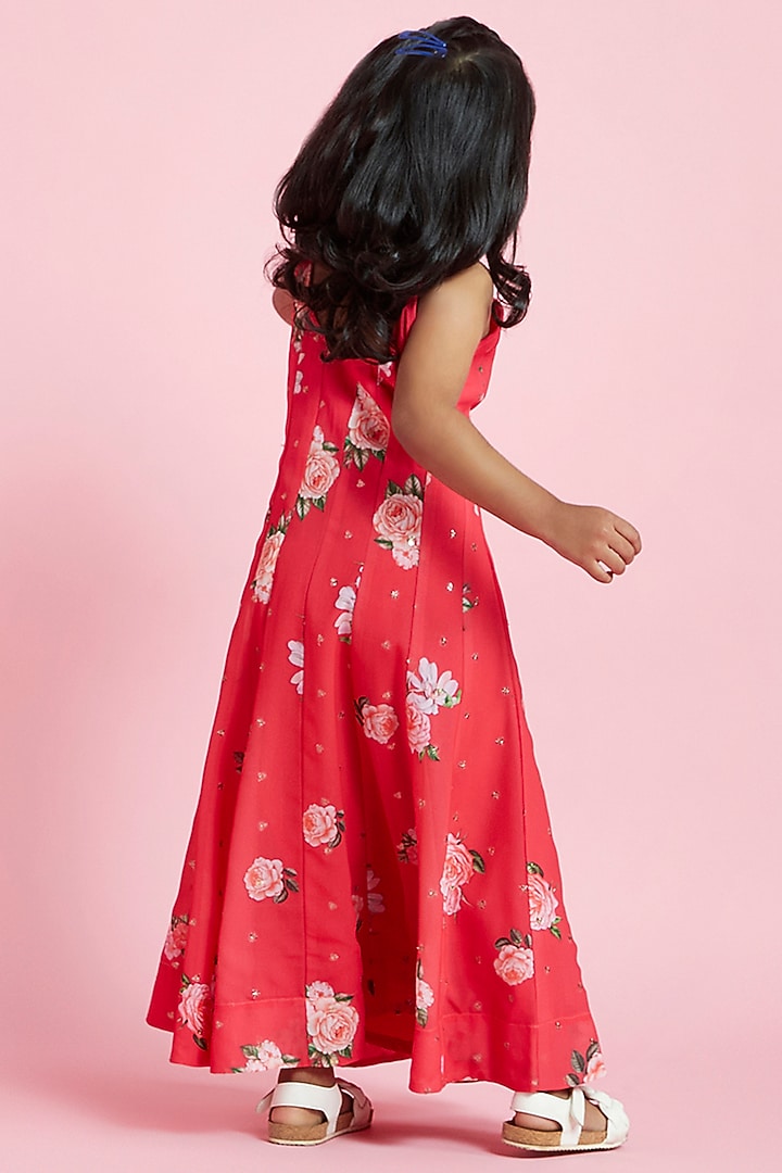 Red Georgette Floral Printed & Embroidered Dress For Girls by Phatakaa Mini at Pernia's Pop Up Shop
