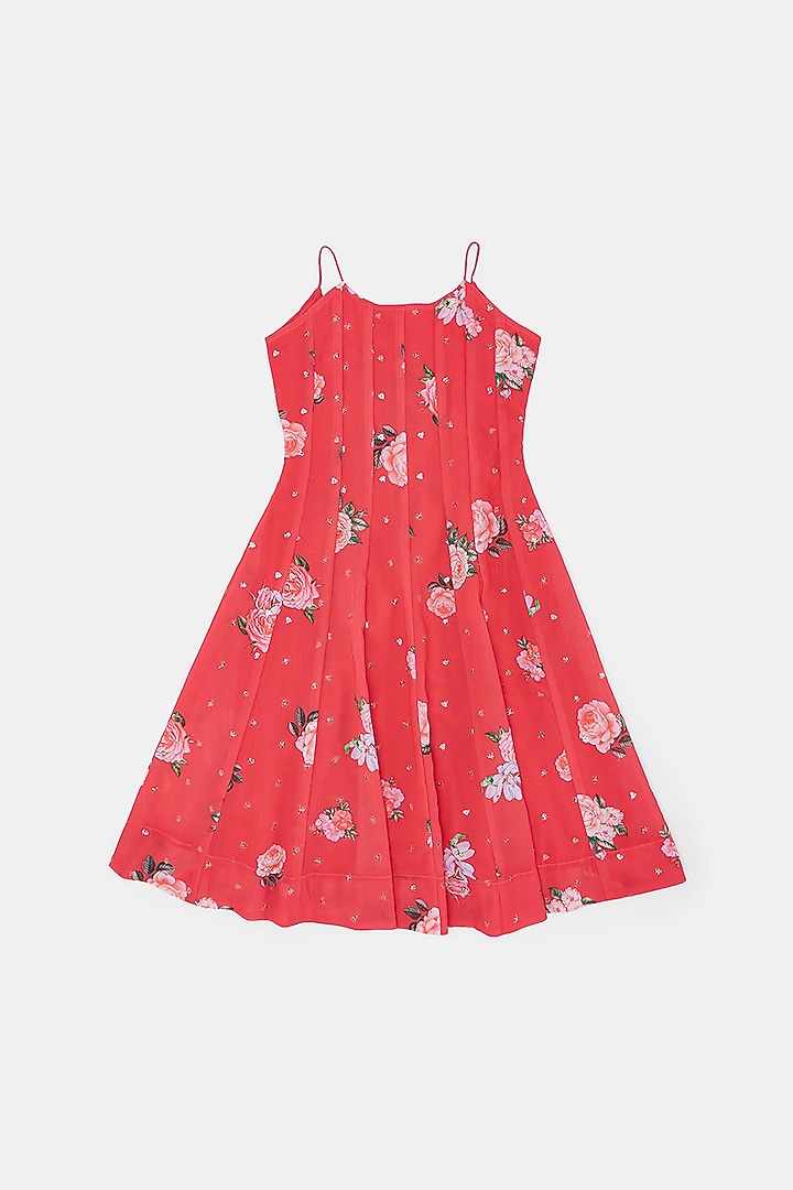 Red Georgette Floral Printed & Embroidered Dress For Girls by Phatakaa Mini at Pernia's Pop Up Shop