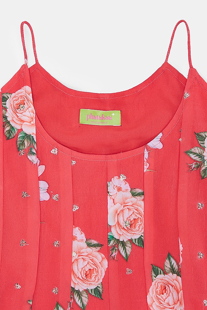 Red Georgette Floral Printed & Embroidered Dress For Girls by Phatakaa Mini at Pernia's Pop Up Shop