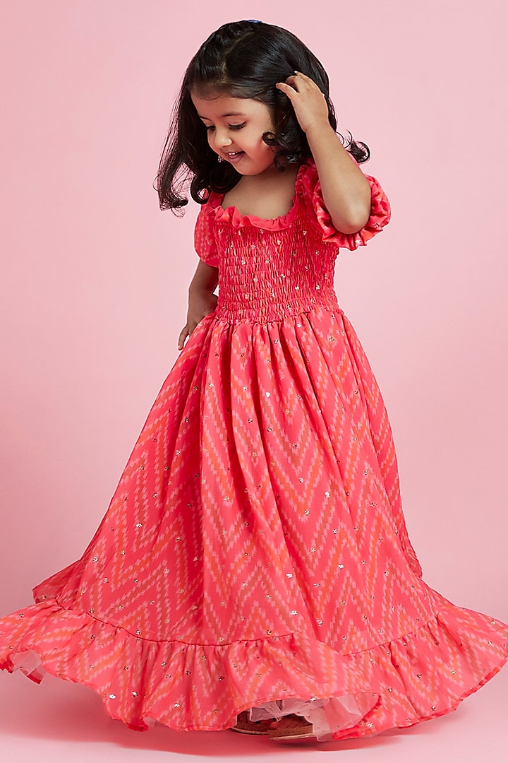 Pink Georgette Printed & Embroidered Dress For Girls by Phatakaa Mini