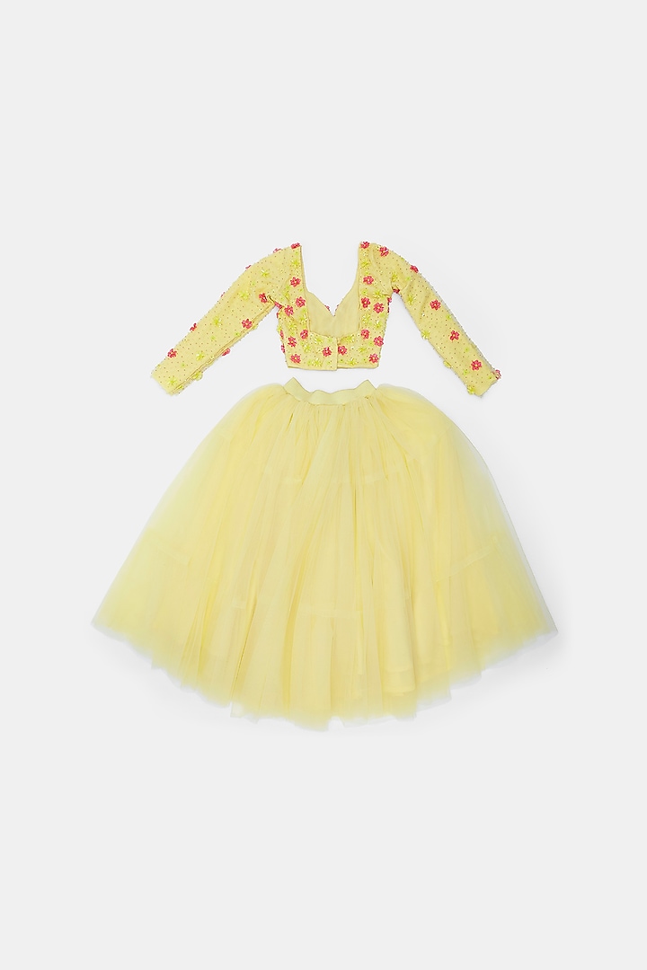 Yellow Tulle Tiered Lehenga Set For Girls by Phatakaa Mini at Pernia's Pop Up Shop