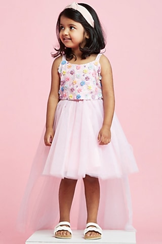 Lilac Tulle Hand Embroidered Asymmetrical Skirt Set For Girls by Phatakaa Mini