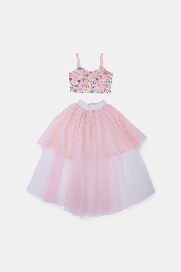 Lilac Tulle Hand Embroidered Asymmetrical Skirt Set For Girls by Phatakaa Mini at Pernia's Pop Up Shop