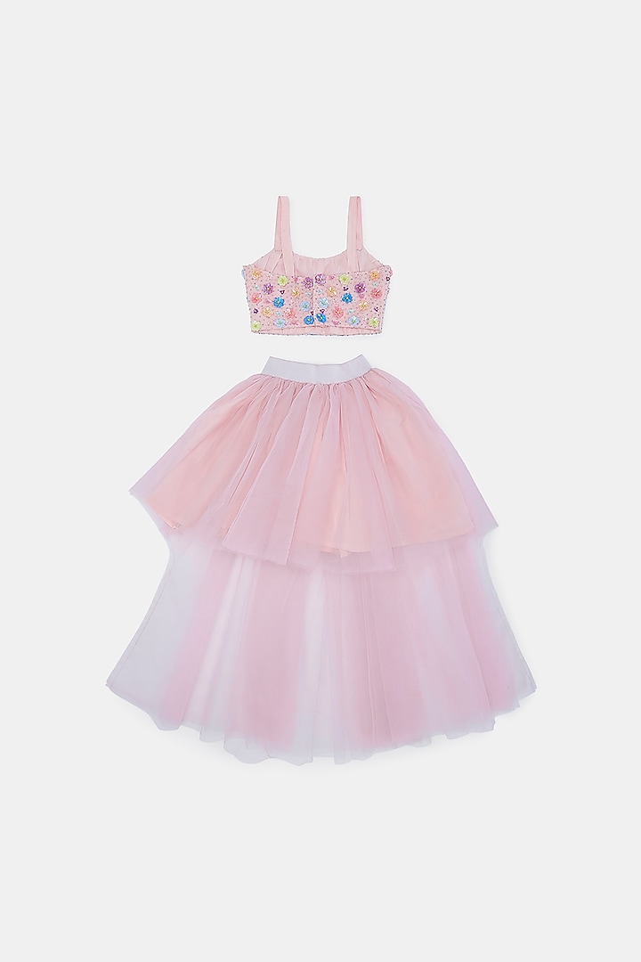 Lilac Tulle Hand Embroidered Asymmetrical Skirt Set For Girls by Phatakaa Mini at Pernia's Pop Up Shop