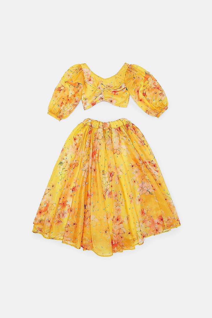 Yellow Silk Organza Floral Printed & Embroidered Lehenga Set For Girls by Phatakaa Mini at Pernia's Pop Up Shop
