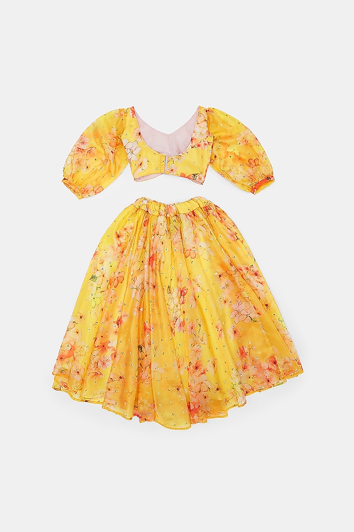 Yellow Silk Organza Floral Printed & Embroidered Lehenga Set For Girls by Phatakaa Mini at Pernia's Pop Up Shop