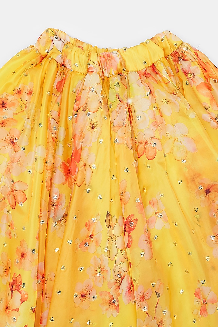 Yellow Silk Organza Floral Printed & Embroidered Lehenga Set For Girls by Phatakaa Mini at Pernia's Pop Up Shop
