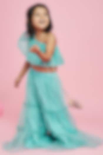 Turquoise Tulle Embroidered Sharara Set For Girls by Phatakaa Mini