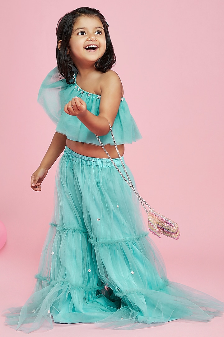 Turquoise Tulle Embroidered Sharara Set For Girls by Phatakaa Mini