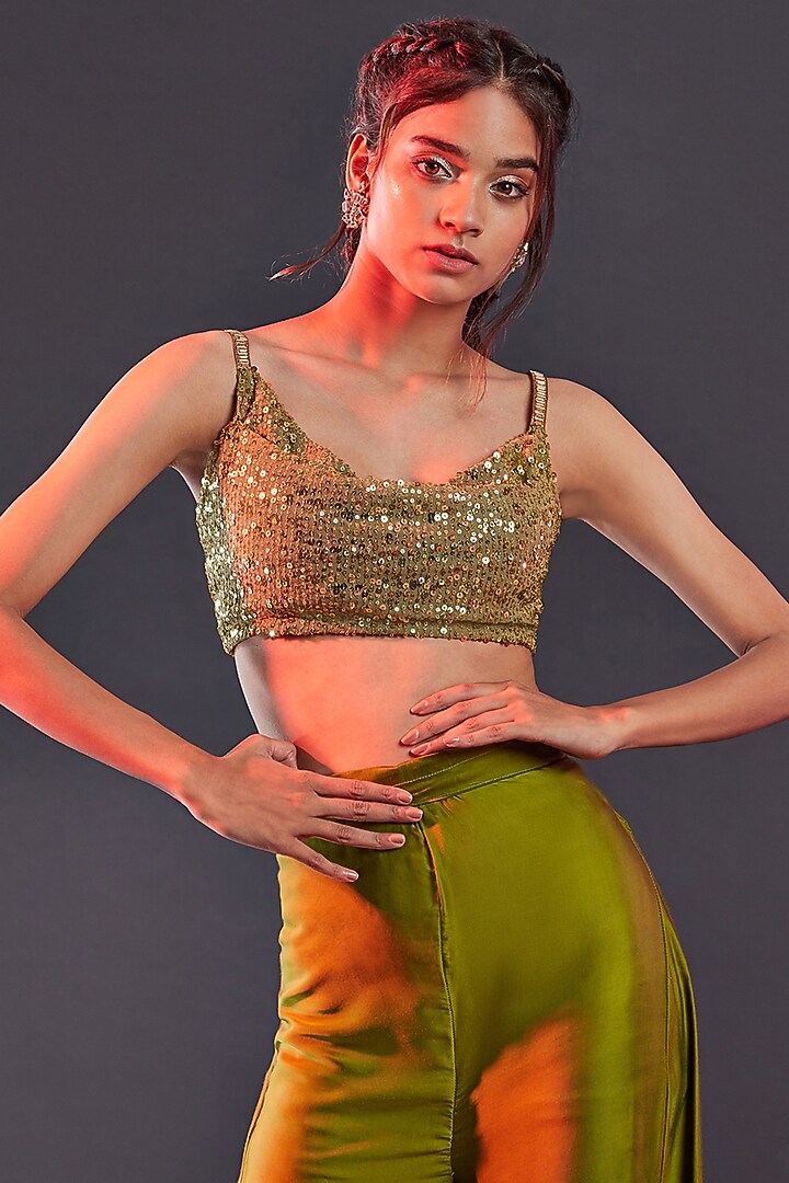 Olive Polyester Mesh Embroidered Cowl Crop Top For Girls by Phatakaa Mini at Pernia's Pop Up Shop