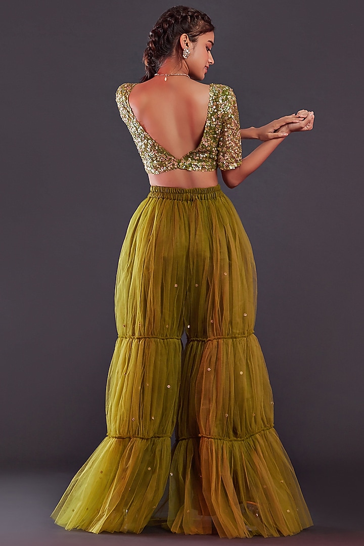 Olive Polyester Mesh Embroidered Crop Top For Girls by Phatakaa Mini at Pernia's Pop Up Shop